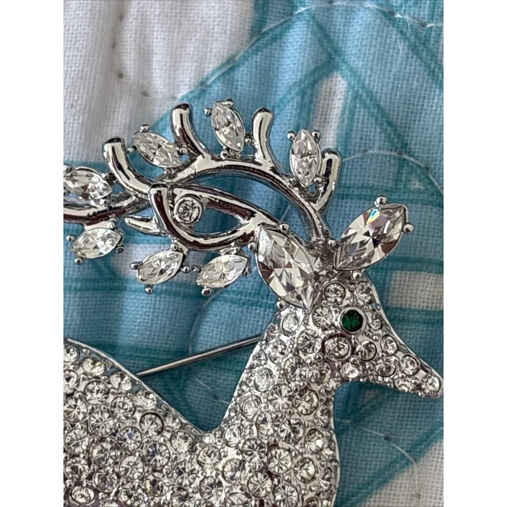 Vintage Nolan Miller Glamour Collection Crystal Pave Reindeer Pin Brooch Silver